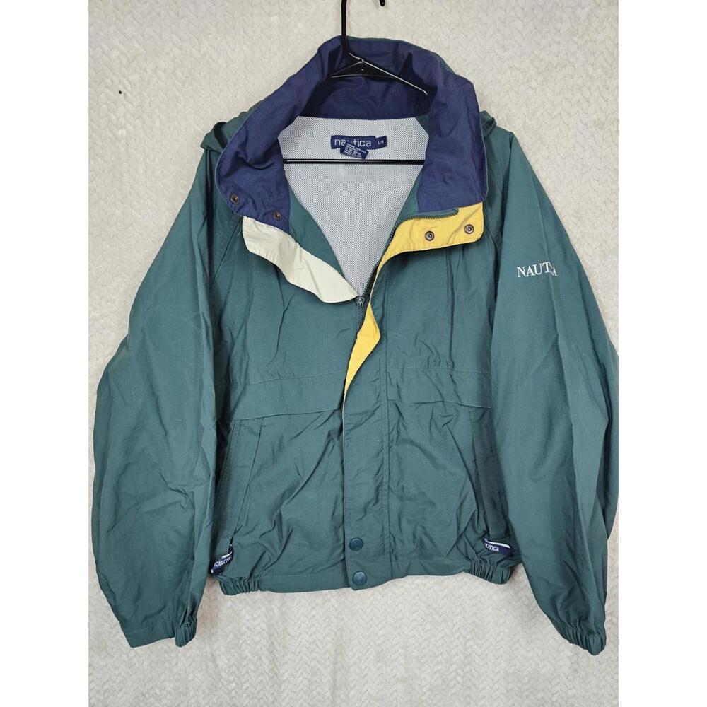 Nautica Weather Coat Hoodie Vintage Green Yellow Embroidered Spellout Large
